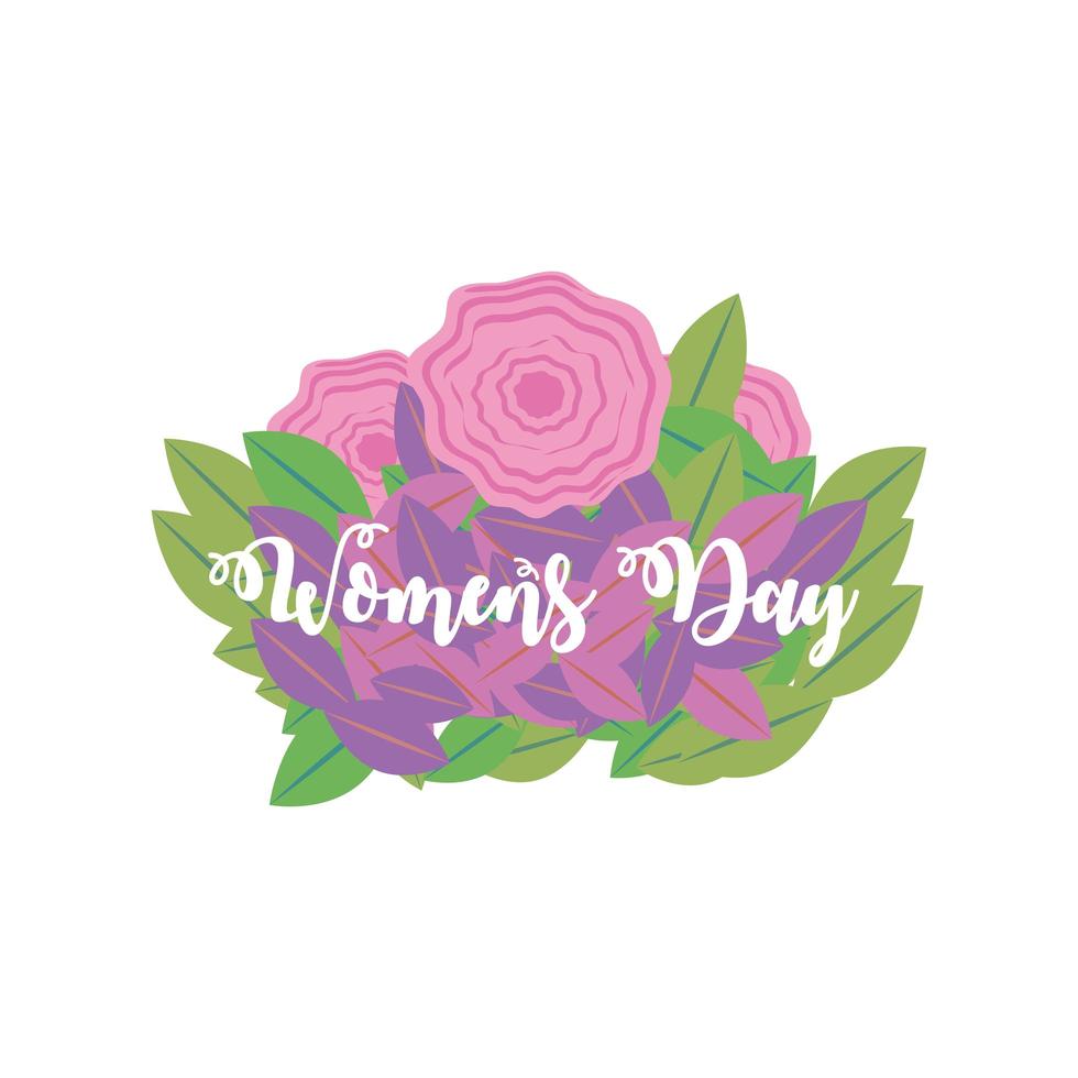 Womens Day belettering op boeket bloemen en bladeren in cartoon-stijl vector