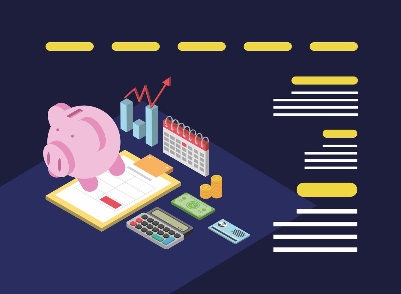belastingdag, schema spaarvarken rekenmachine formulier en geld isometrisch vector