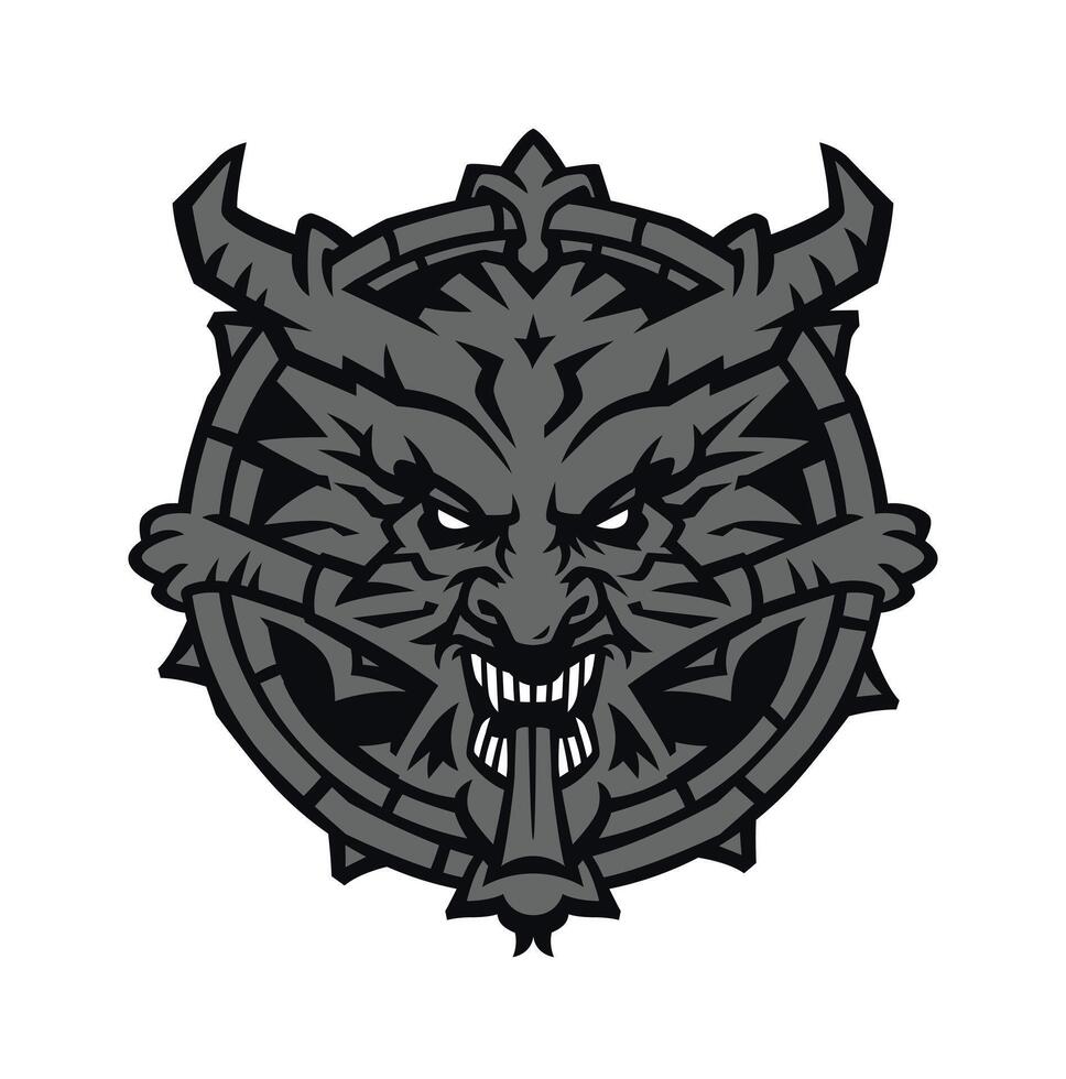 demon schedel met hoorns. vector. silhouet van een toothy duivel met hoorns. held mascotte voor comics of sport- spel. afbeelding voor t-shirt ontwerp. gotisch modern stijl. vector