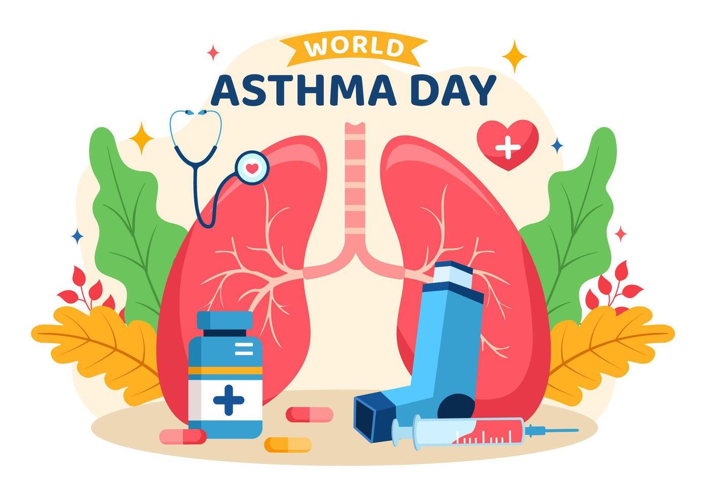 wereld astma dag vector illustratie Aan mei 2 met inhalator, medisch uitrusting en Gezondheid het voorkomen longen in gezondheidszorg vlak tekenfilm achtergrond