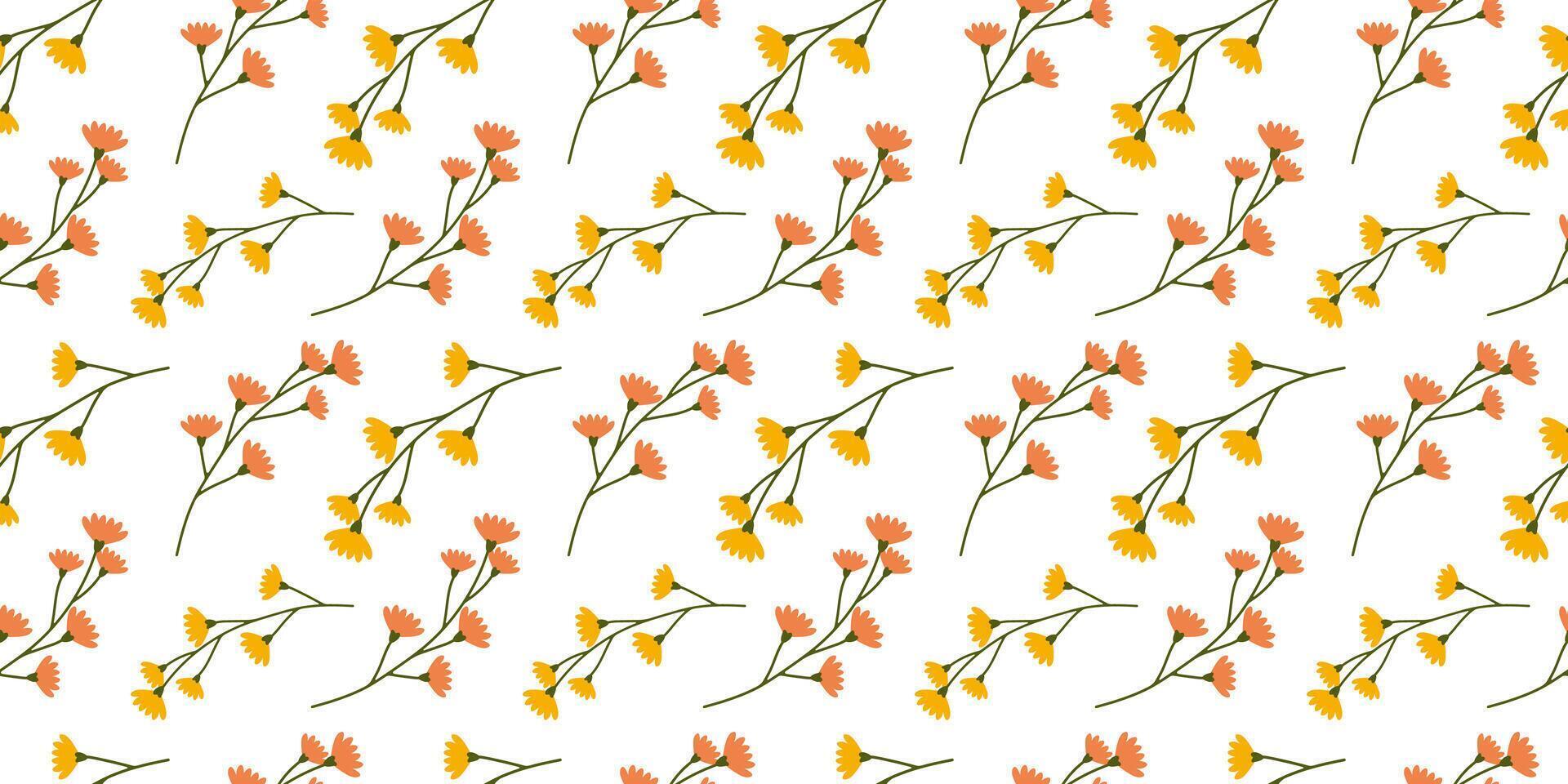 minimalistische bloemen naadloos patroon in gemakkelijk tekenfilm hand- getrokken stijl. gemakkelijk eindeloos illustratie van kleurrijk zomer en voorjaar bloemen en kruiden Aan wit achtergrond. ontwerp voor Dames textiel prints vector