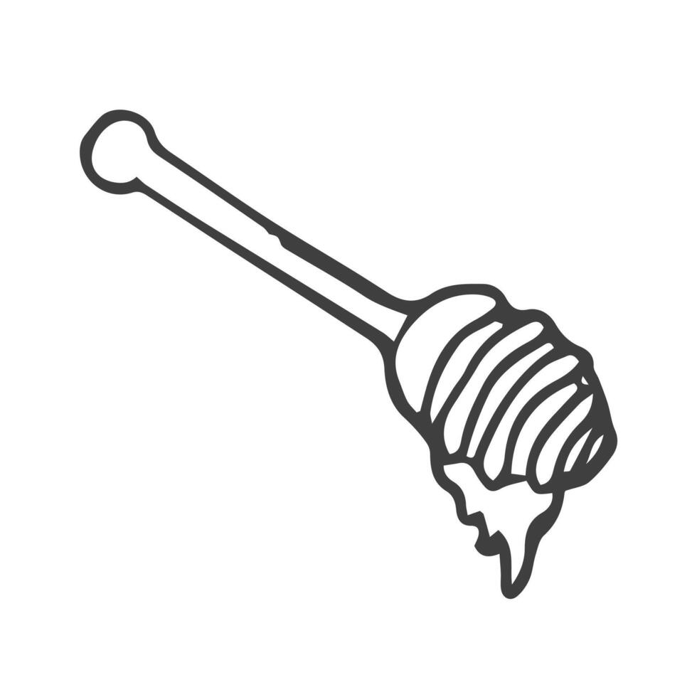 icoon voor honing lepel. schetsen van houten steek met siroop druppelen. hand- getrokken etsen. vector
