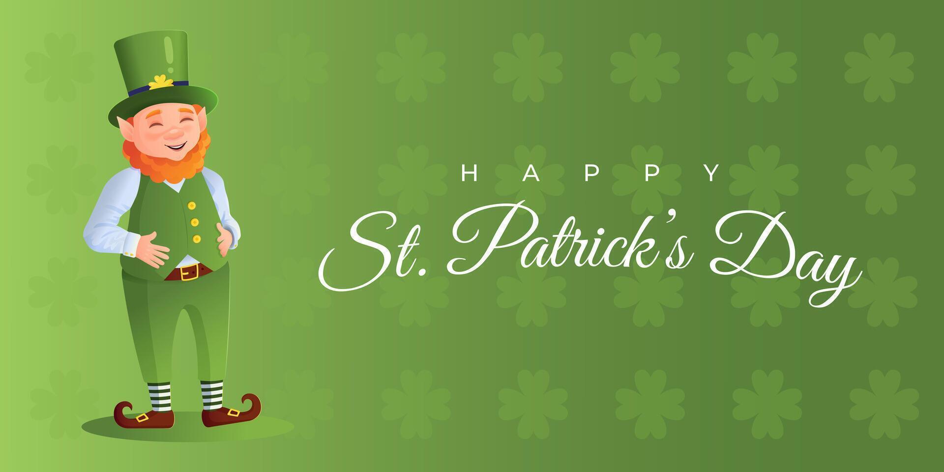 gelukkig st. patricks dag banier met elf van Ierse folklore. groen patroon achtergrond met Klaver bladeren. tekenfilm stijl vector illustratie.