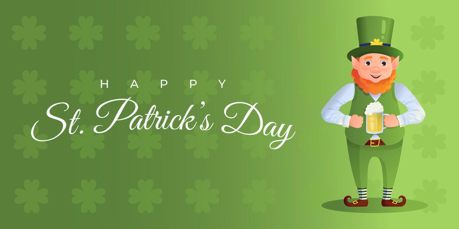 gelukkig st. patricks dag banier met elf van Ierse folklore met ale. groen patroon achtergrond met Klaver bladeren. tekenfilm stijl vector illustratie.