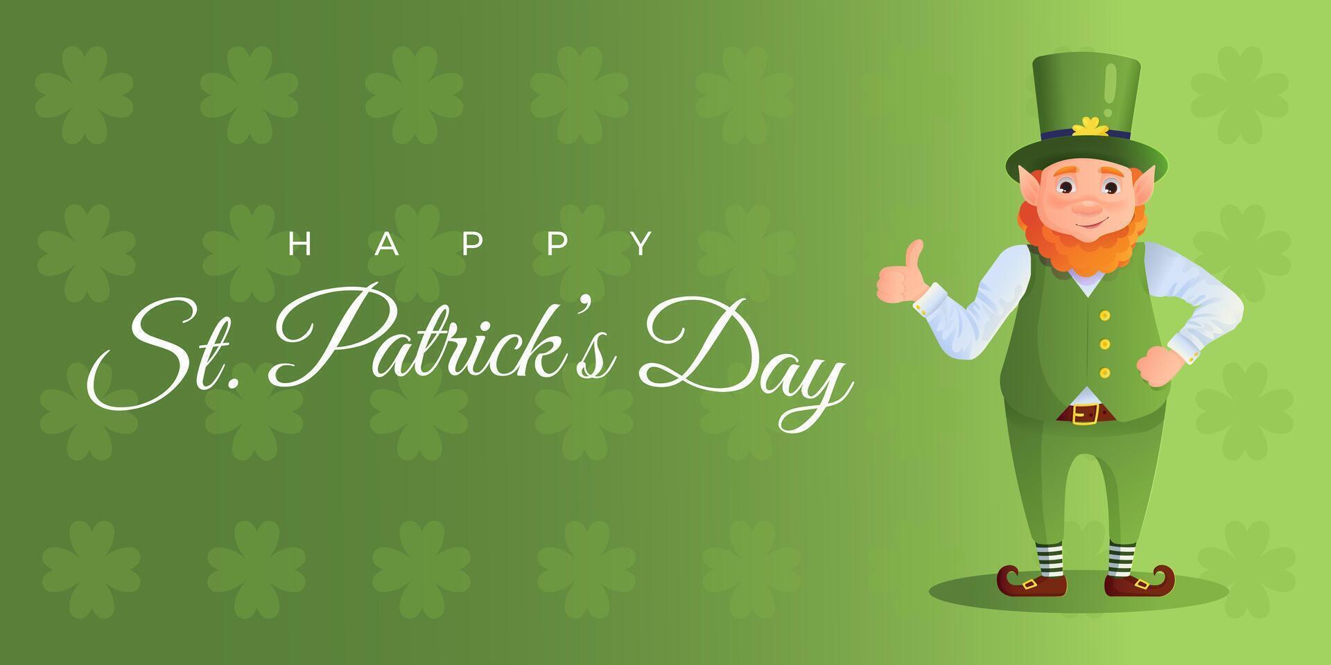 gelukkig st. patricks dag vector banier met elf van Ierse folklore. groen patroon achtergrond met Klaver bladeren. tekenfilm stijl vector illustratie.