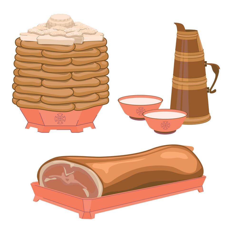 traditioneel gerechten voor de viering van de Mongools nieuw jaar - tsagaan sar. taart van tortilla's en huisje kaas drogen. geroosterd schapen grutten en thee met melk. feestelijk maaltijd. vector. vector