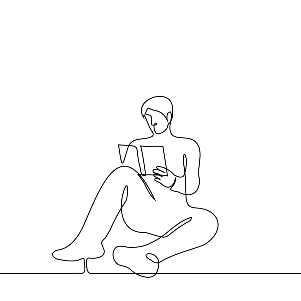 Mens zit met een boek Aan de verdieping of Aan de grond - een lijn tekening vector. de concept van lezing een papier boek, vrije tijd of hobby, boek minnaar of leerling aan het studeren van een leerboek vector