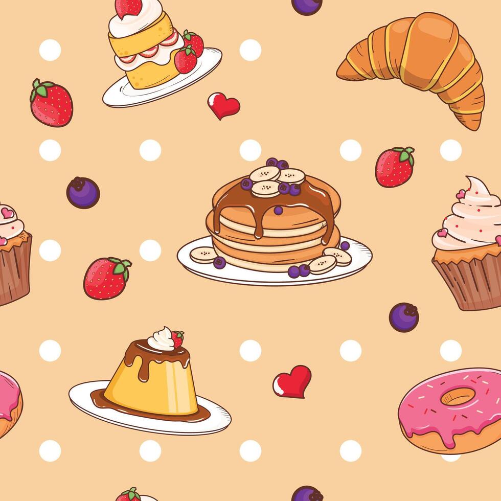naadloos patroon met cakes en desserts. vector illustratie in tekenfilm stijl.