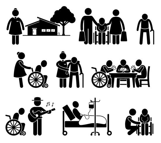 Ouderenzorg Verpleging oude mensen Home Pensioneringscentrum Pictogram. vector