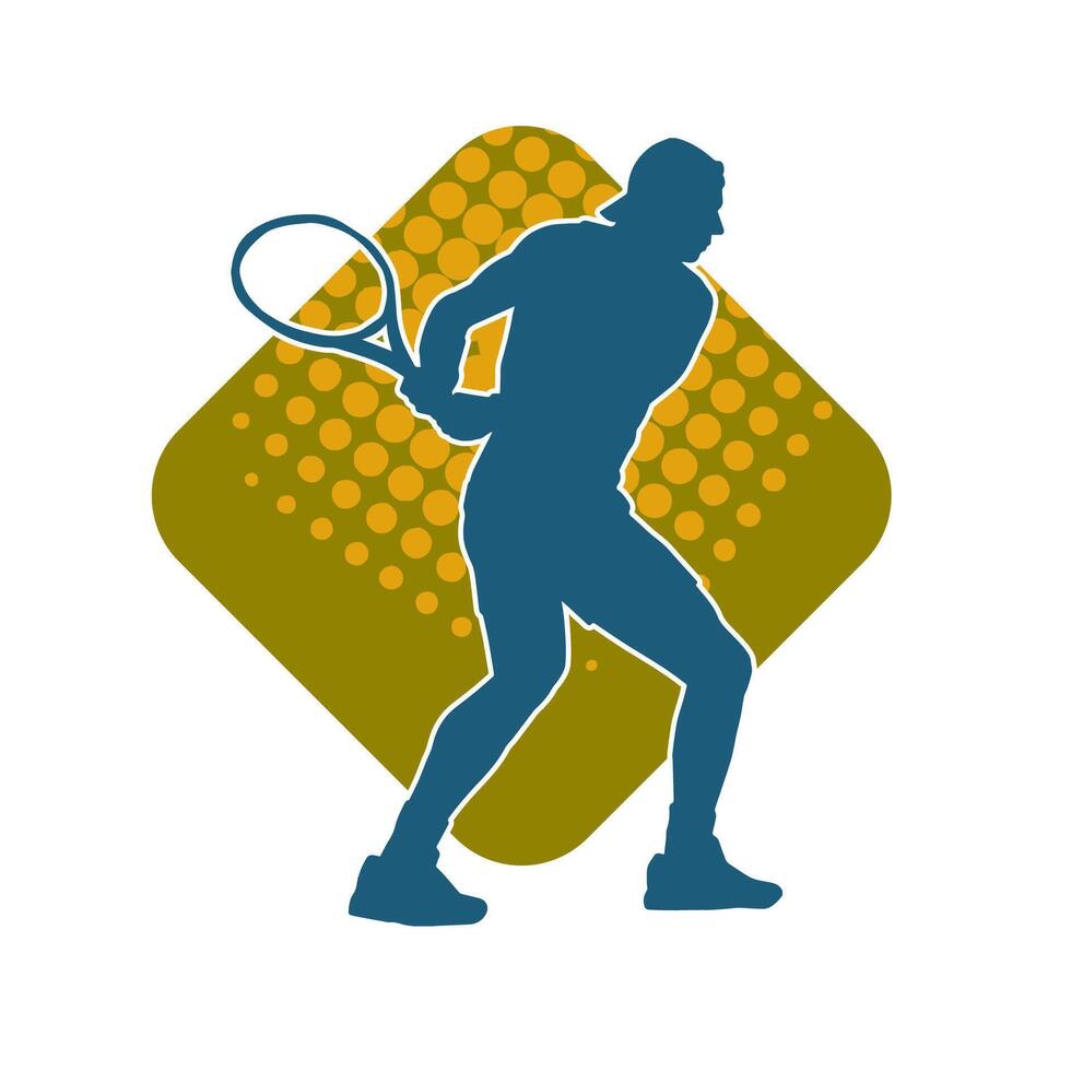 silhouet van een mannetje tennis speler in actie houding. silhouet van een Mens spelen tennis sport met racket. vector