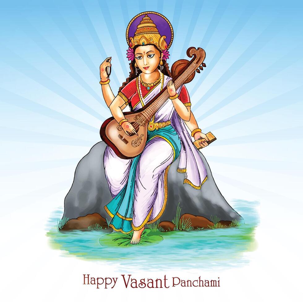 vasant panchami Aan Indisch god saraswati maa religieus kaart achtergrond vector