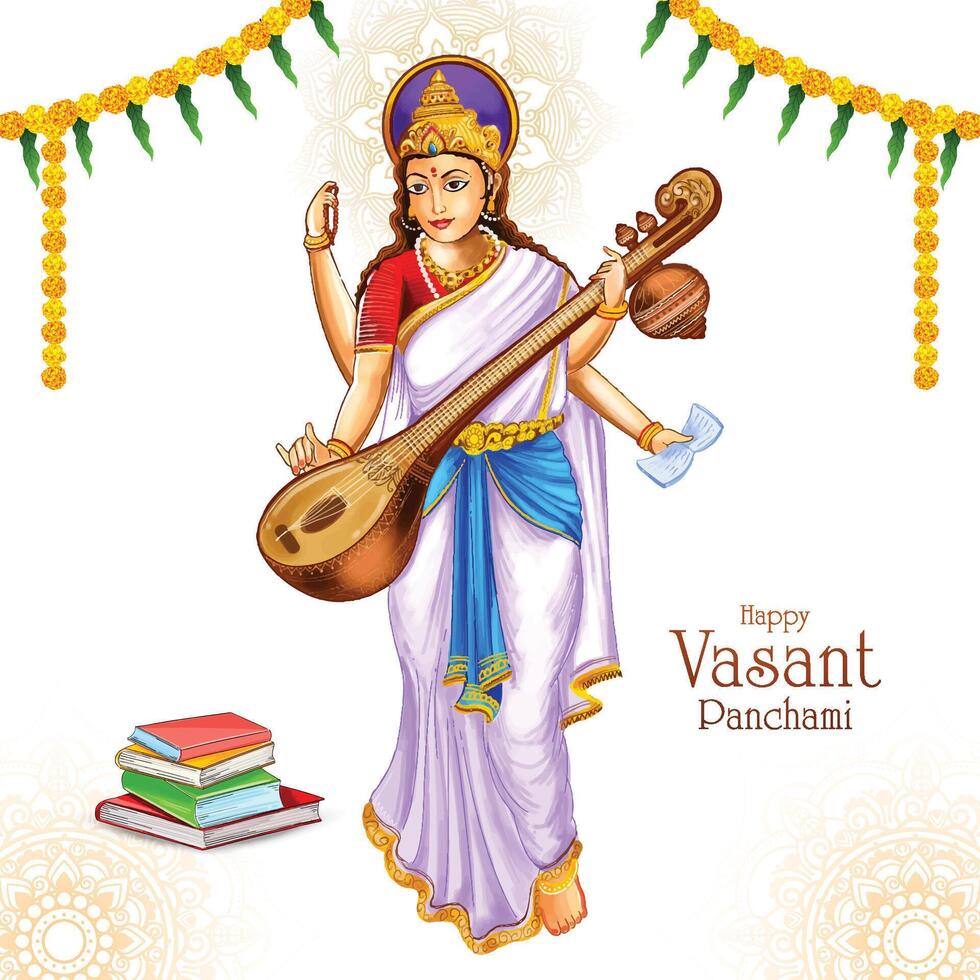 illustratie van godin saraswati voor vasant panchami puja achtergrond vector