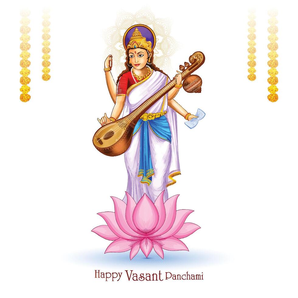 vasant panchami Aan Indisch god saraswati maa religieus kaart achtergrond vector