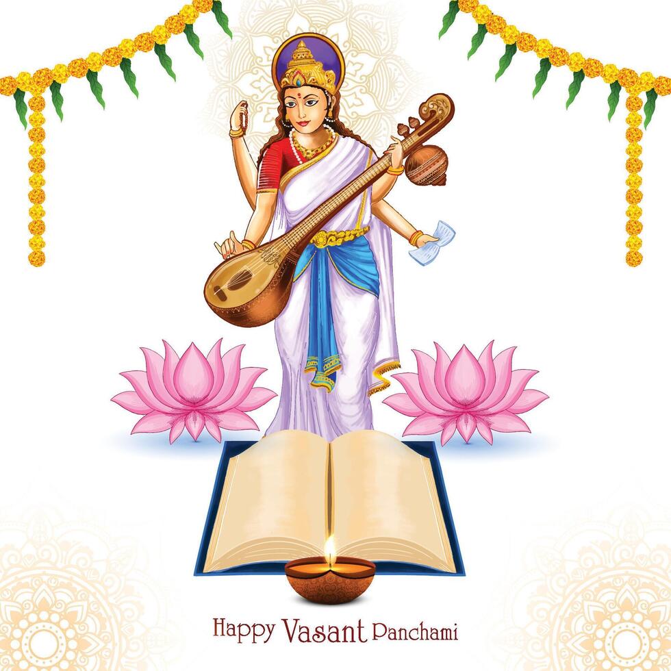 Indiase god Saraswati maa op vasant panchami religieuze festival achtergrond vector