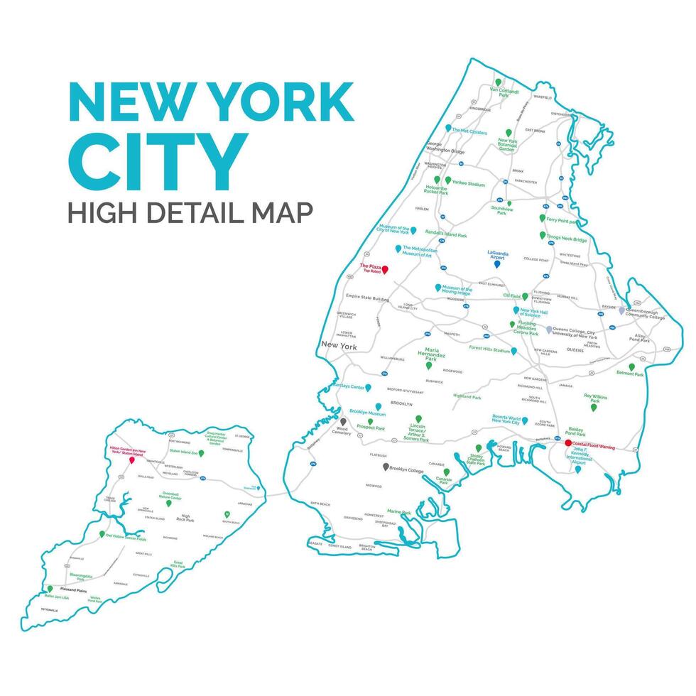 nieuw york stad hoog kwaliteit en hoog gedetailleerd resolutie kaart. gedetailleerd stedelijk plan vector afdrukken poster nieuw york stad kaart. nyc weg en kaart met etikettering voor uw web plaats, app en ui ontwerp.