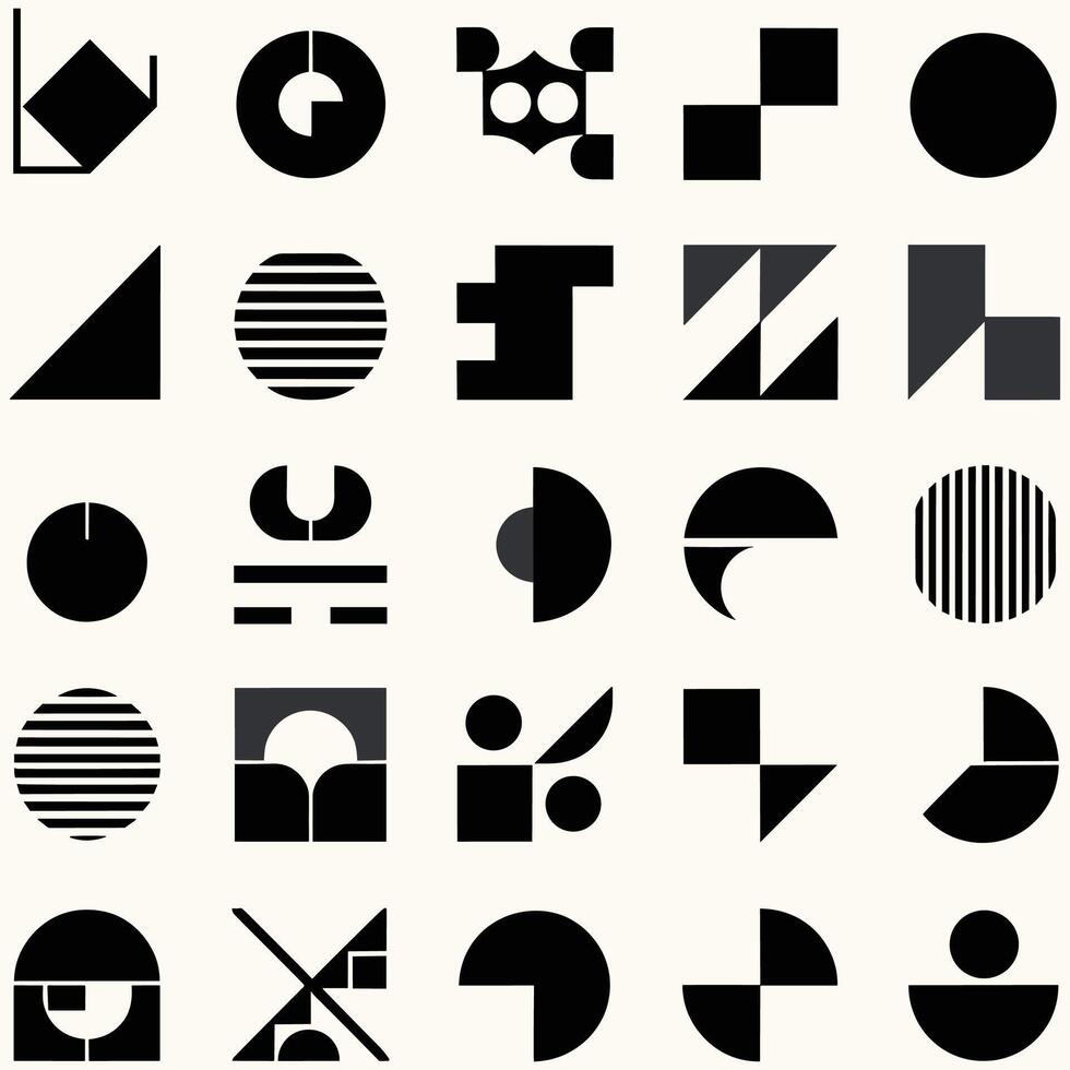 abstract en eenvoudig vormen verzameling. minimalistische symbolen. zwart iconografie. vlak vector icoon. pictogrammen set. primitief vormen. modernistisch abstract meetkundig vormen. meetkundig elementen. brutalist ontwerp