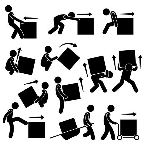 Man bewegende doos acties houdingen stok figuur Pictogram pictogrammen. vector