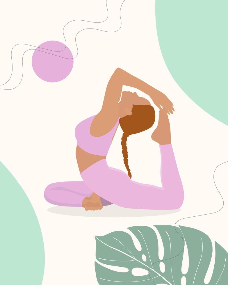 poster yoga houding. yoga koning duif houding jong vrouw roze kleur. Internationale yoga dag. vector