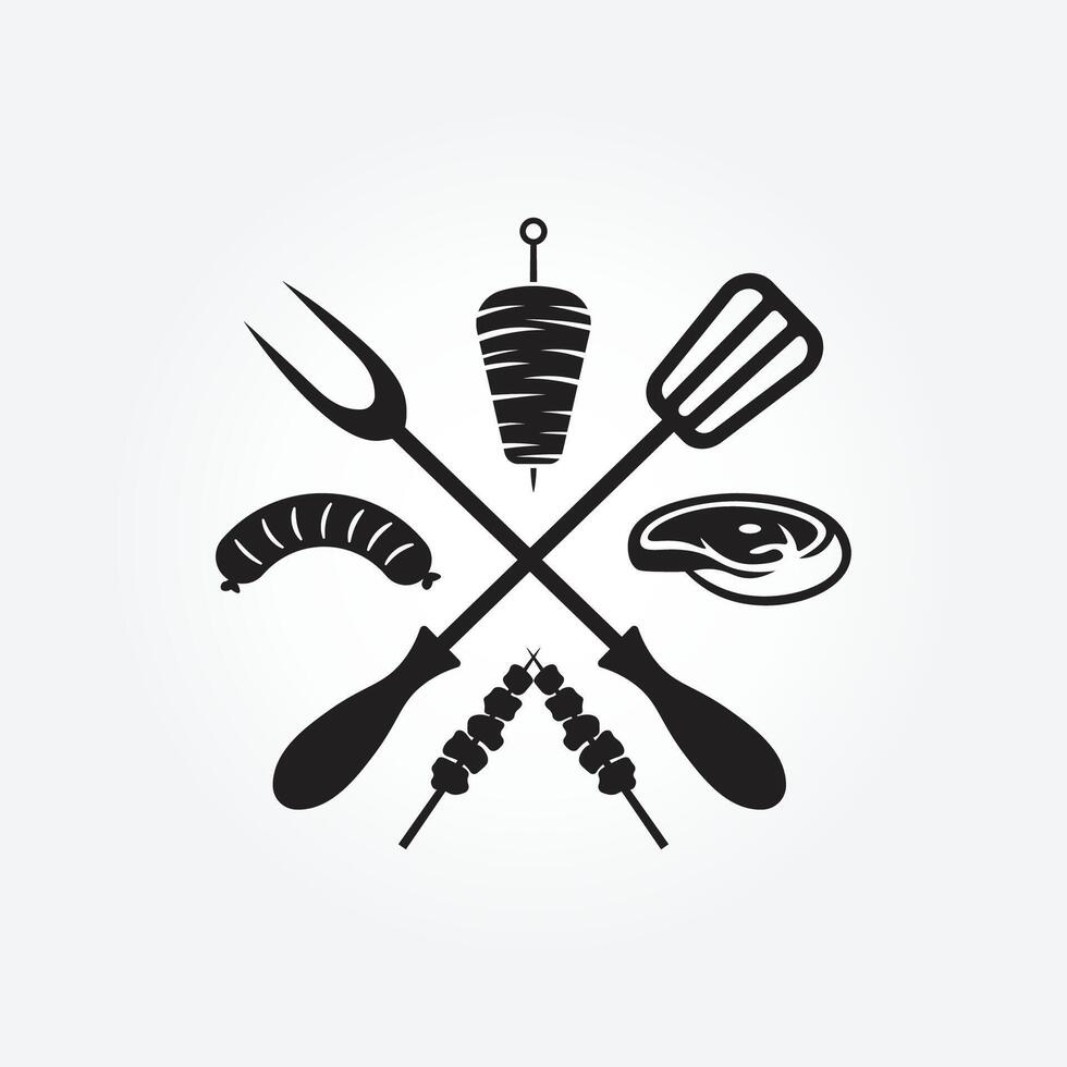 barbecue restaurant logo sjabloon gecombineerd met spatel van rundvlees steak, worst, kebab en saté vector