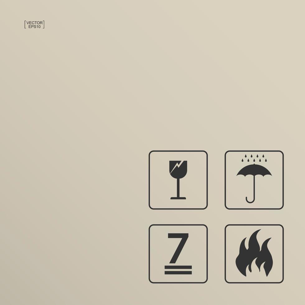 verpakking icon set van kwetsbare zorg teken en symbool op bruine kartonnen achtergrond. vector. vector