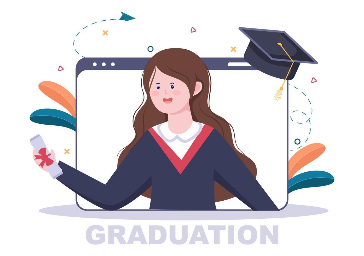 online virtuele afstudeerdag van studenten die vectorillustratie als achtergrond vieren met academische jurk, afgestudeerde pet en diploma in communicatie via video vector