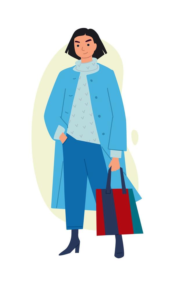 illustratie van een schattig meisje. vector. vrouw shopper shopper met aankopen. casual kledingstijl. vlakke stijl. afbeelding is geïsoleerd op een witte achtergrond. vector