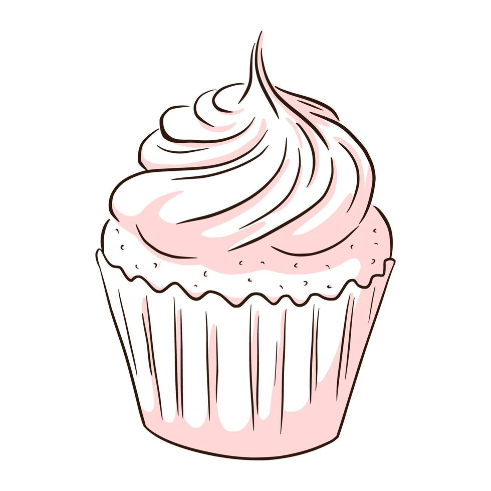 zoete cupcake afbeelding. smakelijk gebak. muffinillustratie voor stickers, uitnodiging, oogst, logo, recept, menu en wenskaartendecoratie vector