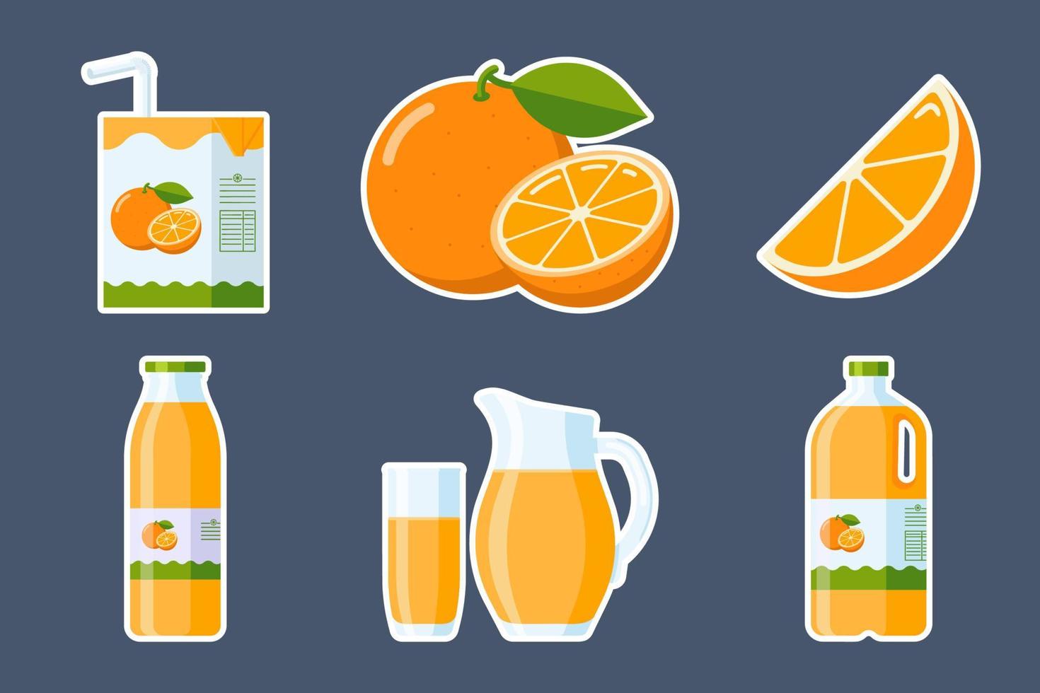 oranje fruit en sap stickers set. verzameling van platte stijl citrus elemens sinaasappelschijfje en heel fruit, sinaasappelsappakketten vector