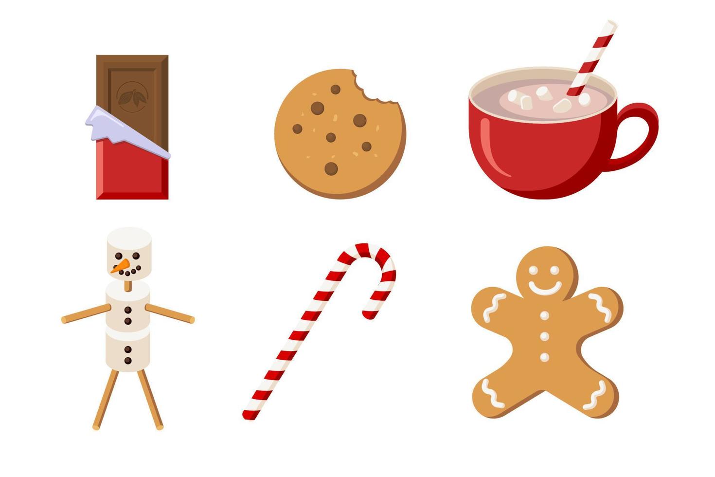 kerst snoep collectie. vlakke stijl. chocolade, coockie, cacao, marshmallow snowman, gingerbread man en snoep. wintervakantieset voor begroeting en uitnodigingsontwerp en decoratie vector