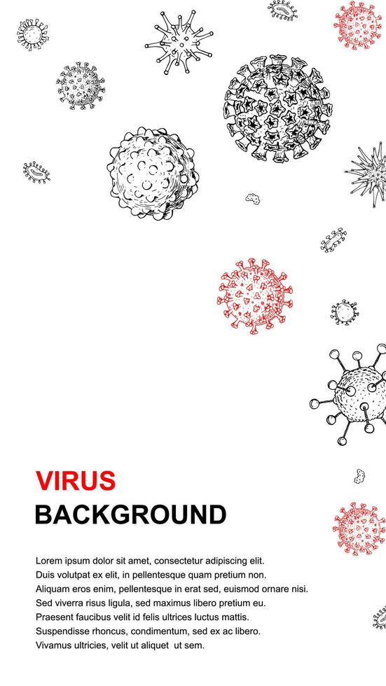 verticaal virusontwerp met handgetekende elementen voor banners, verhalen op sociale media, kaarten, folders. Microscoop virus close-up. vectorillustratie in schetsstijl. covid-2019 vector