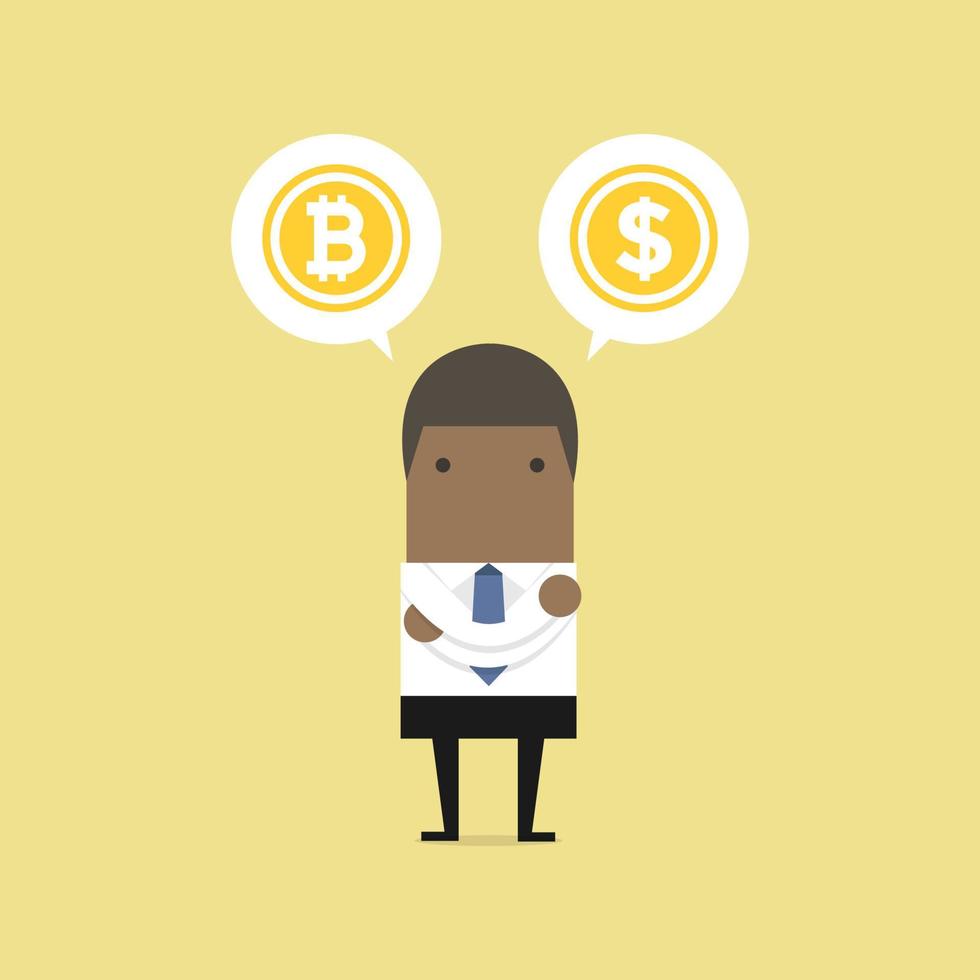 afrikaanse zakenman met bitcoin of dollarkeuze. vector