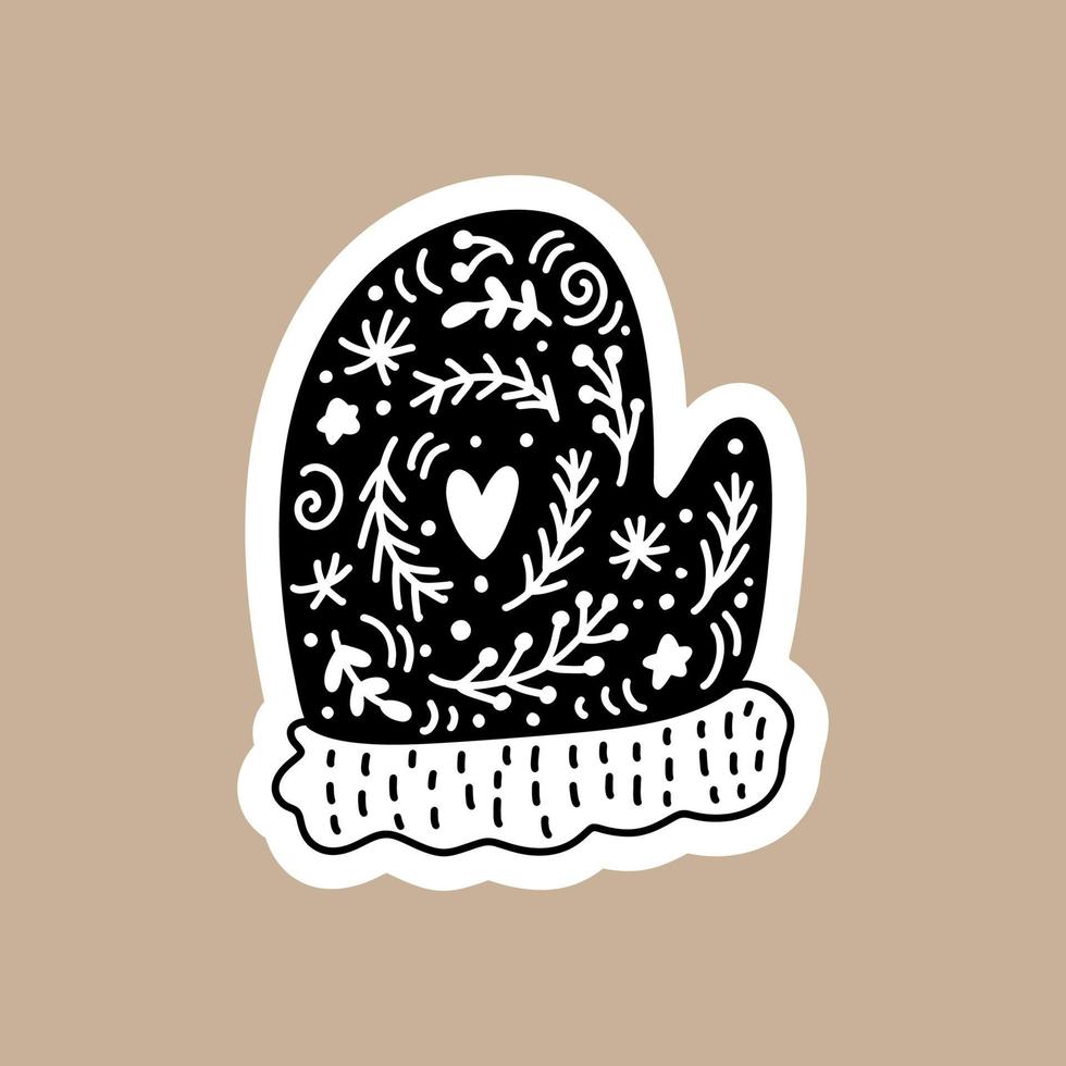 kerst zwarte vector sticker met leuke en grappige santa want. hand getekende scandinavische badge karakter voor notebook, plakboek of planner. platte grafische geïsoleerde illustratie