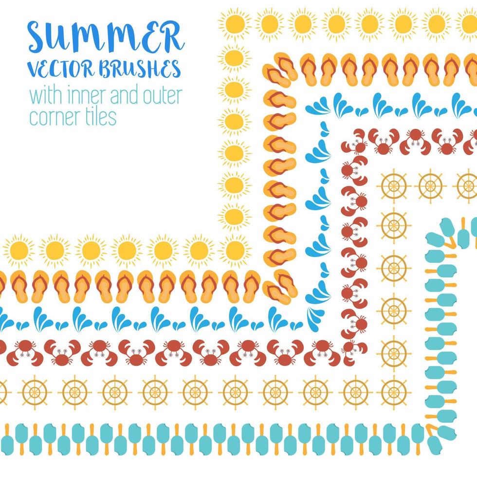 vector set gekleurde patroonpenselen, zomertijd en strand thema. zon, flip flop, waterdruppel en plons, krab, ijs. binnen- en buitenhoektegels inbegrepen.