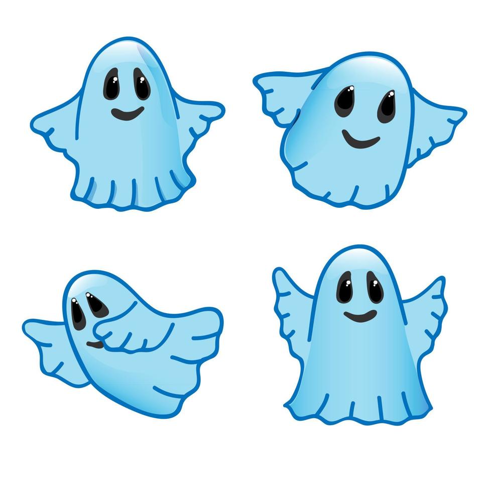 schattige vriendelijke geesten vector set. verzameling cartoon stijl 3D-spook vormen geïsoleerd op gele achtergrond. spookkarakters in verschillende poses, glimlachend. spelstijl tekenen.