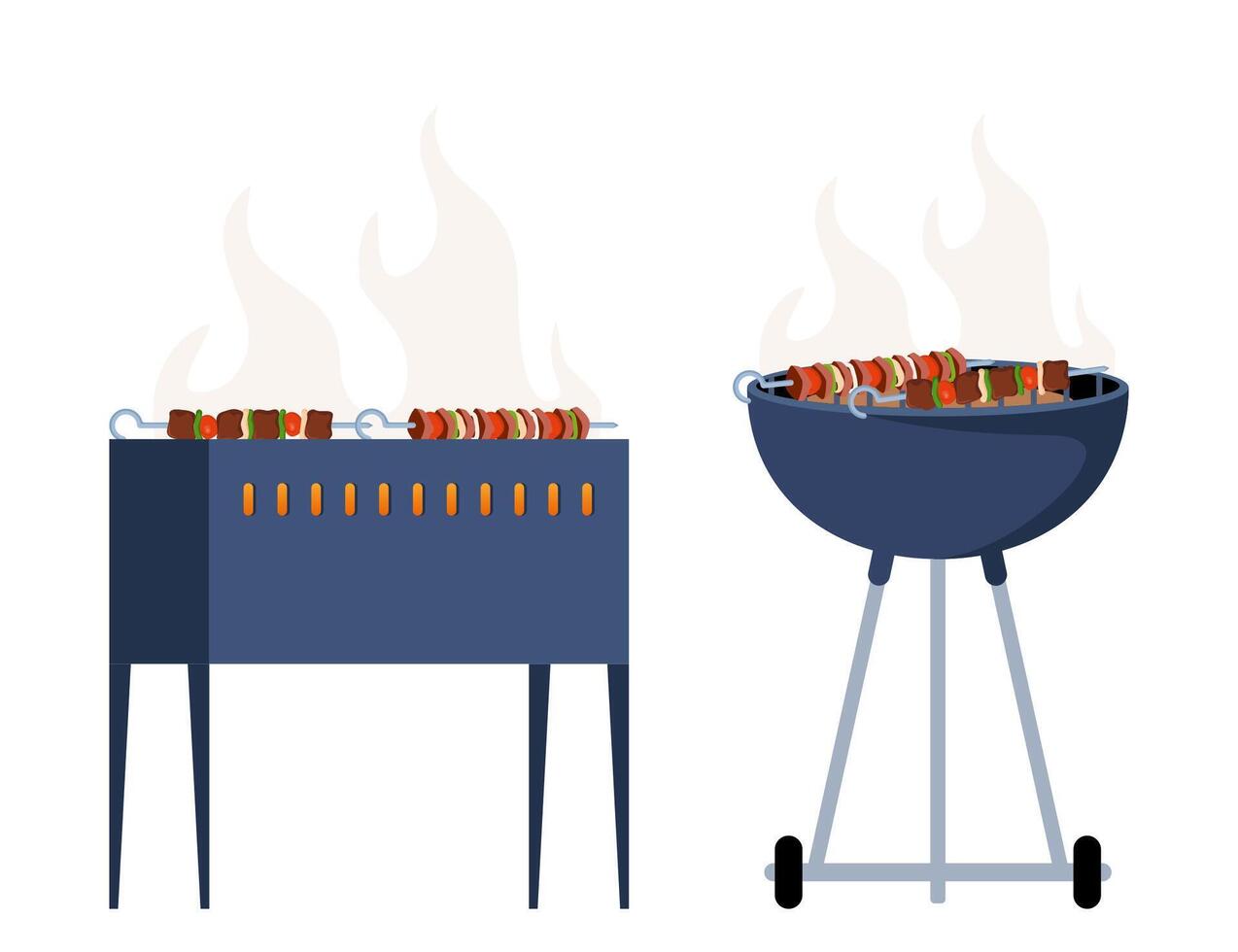 barbecue apparatuur. houtskool en gas- waterkoker bbq rooster uitrusting verschillend type voor vlees en worstjes Koken buitenshuis. huis of restaurant apparaat. vector illustratie.