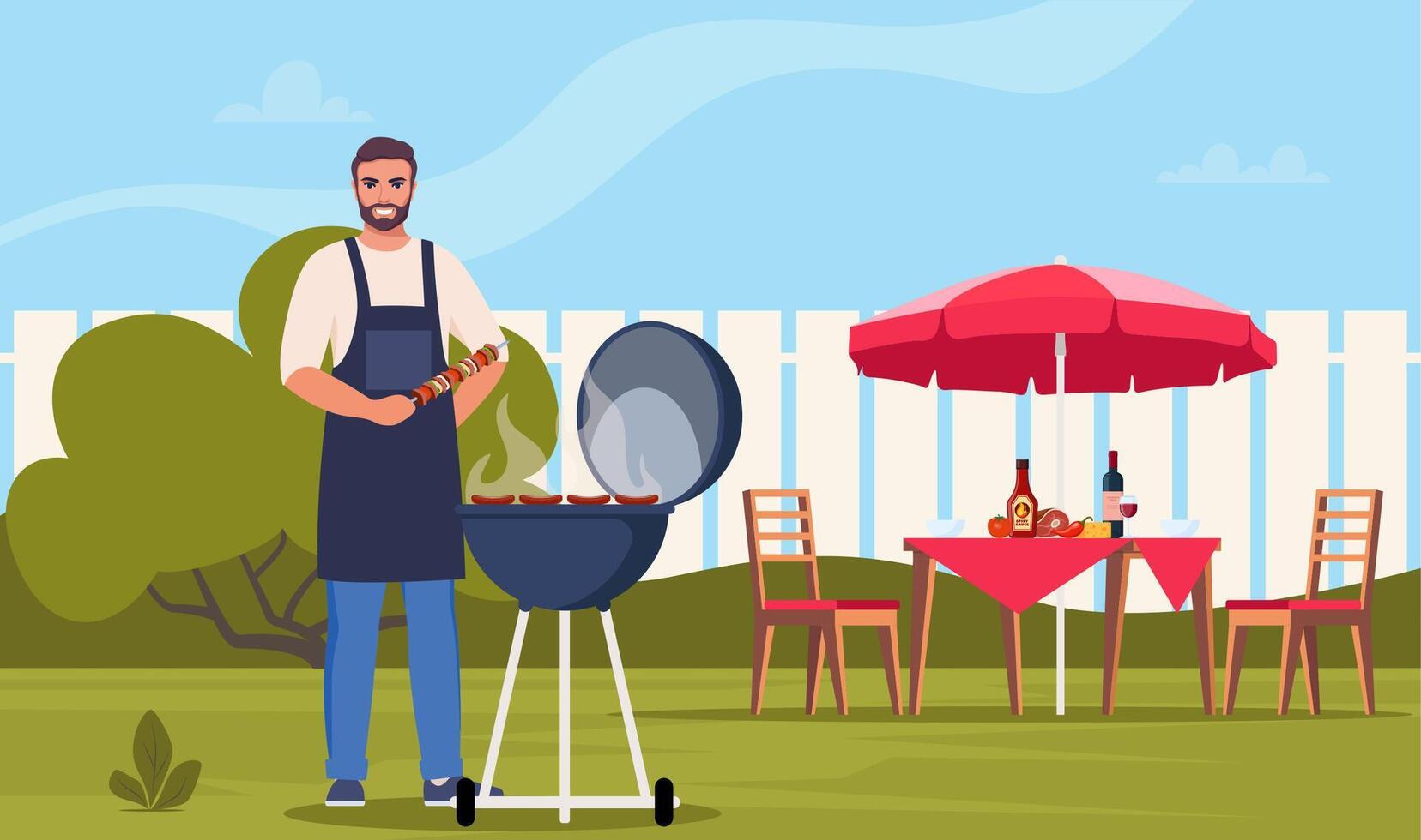 Mens Koken barbecue Aan achtertuin. bbq feest. grillen vlees en groenten buiten. achtertuin picknick Aan een weekend. vector illustratie.