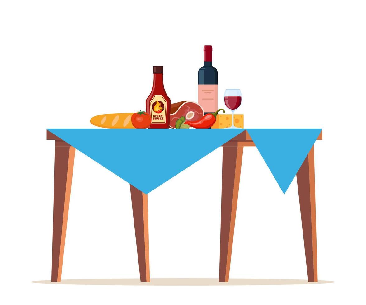 zomer picknick tafel gedekt met een tafelkleed. voedsel Aan de tafel voor familie barbecue, picknick, rooster feest. vector illustratie.