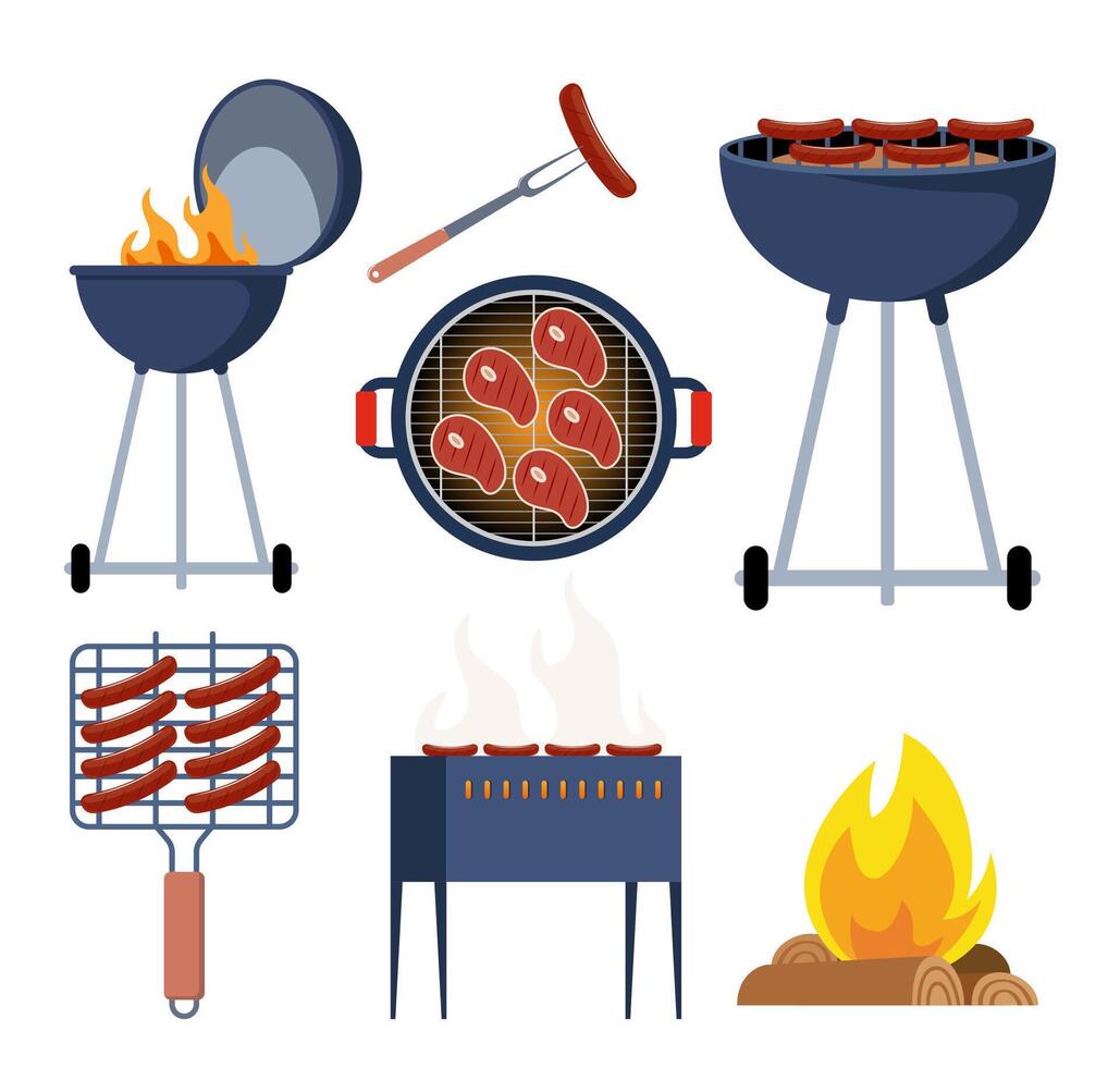 barbecue apparatuur. houtskool en gas- waterkoker bbq rooster uitrusting verschillend type voor vlees en worstjes Koken buitenshuis. huis of restaurant apparaat. vector illustratie.
