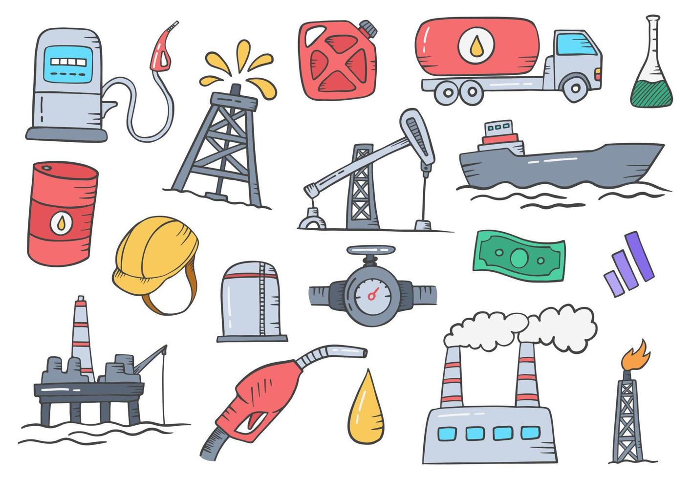 olie- en gasindustrie concept doodle handgetekende set collecties met platte kaderstijl vector