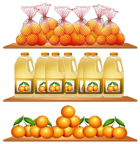 Verse sinaasappelen en sap in de schappen vector