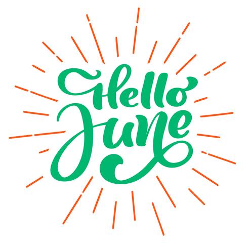 Hallo juni belettering vector tekst afdrukken. Zomer minimalistische illustratie. Geïsoleerde kalligrafie zin op witte achtergrond