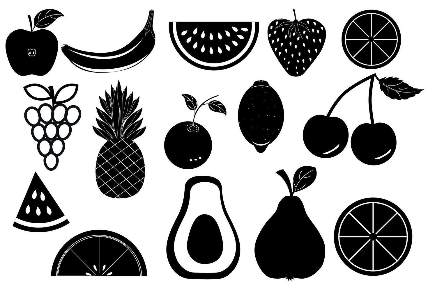 reeks van vector pictogrammen van divers fruit en bessen. verzameling van vitamine illustraties, vegetarisch symbolen, fruit silhouetten in zwart.