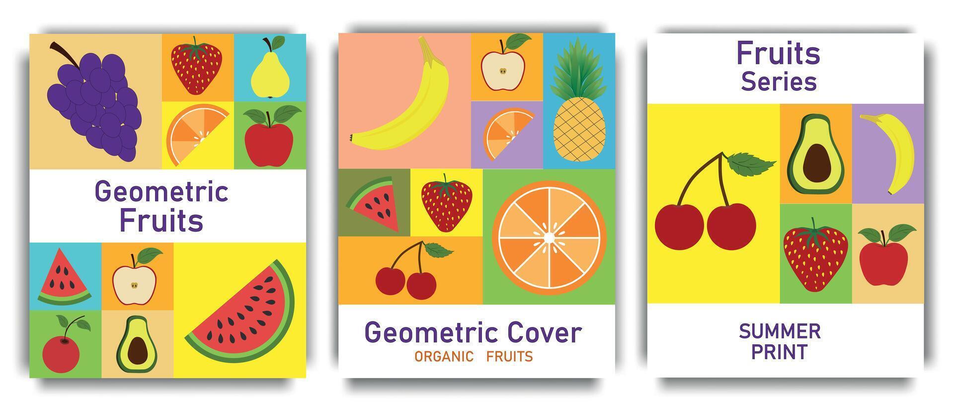 abstract fruit affiches. meetkundig fruit mozaïek. zomer patronen met fruit en bessen. reeks van vector spandoeken. kruidenier folders.