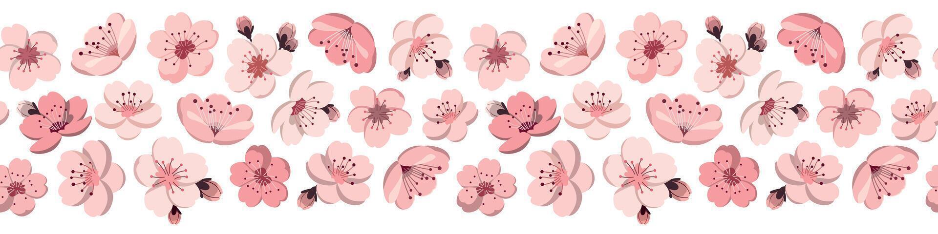 kers bloesems naadloos grens patroon. voorjaar Japans sakura bloemen. voorjaar seizoen grafisch voor achtergrond, textiel, kleding stof vector