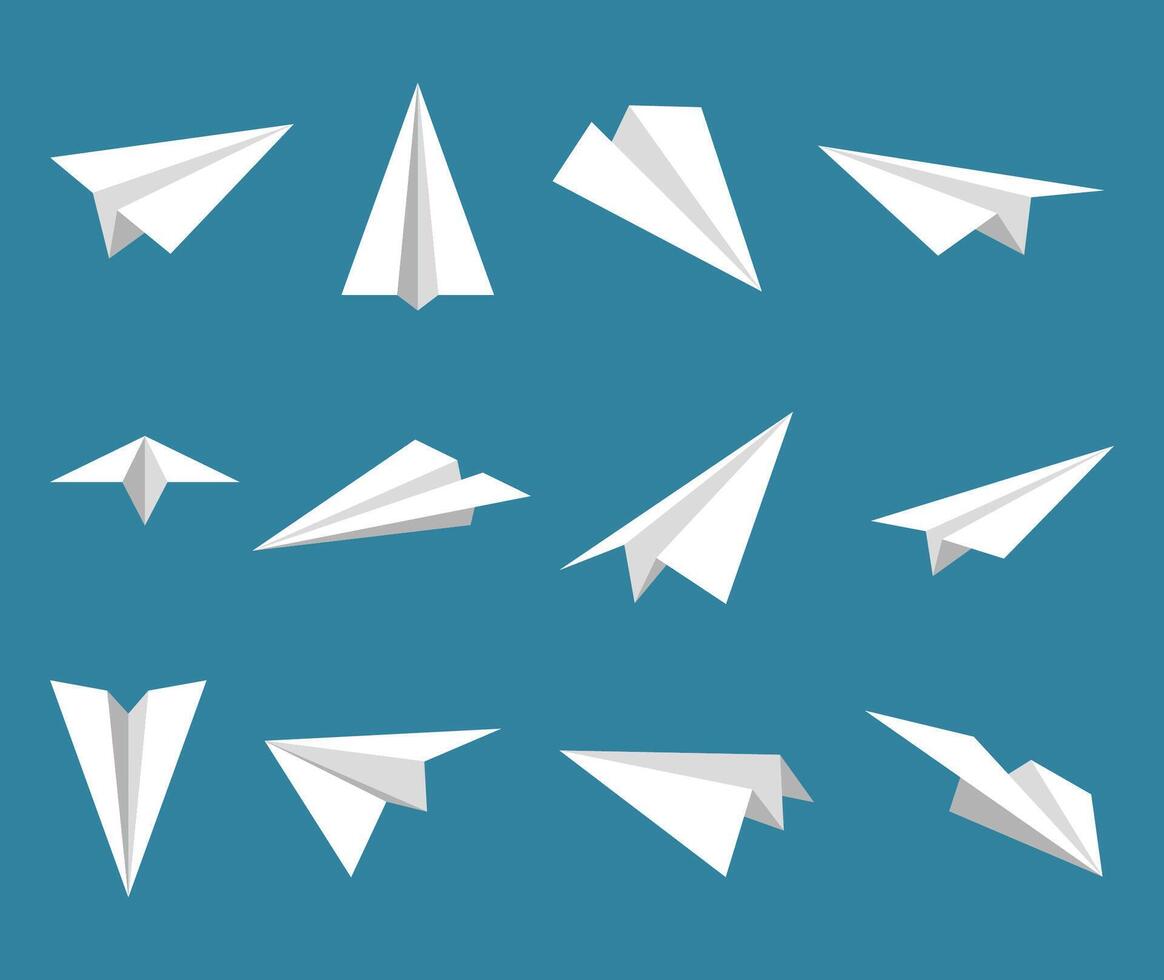 reeks gemakkelijk papier vliegtuigen icoon. wit origami papier vliegtuigen van verschillend hoeken. handgemaakt vliegtuig Aan blauw achtergrond. vector illustratie.