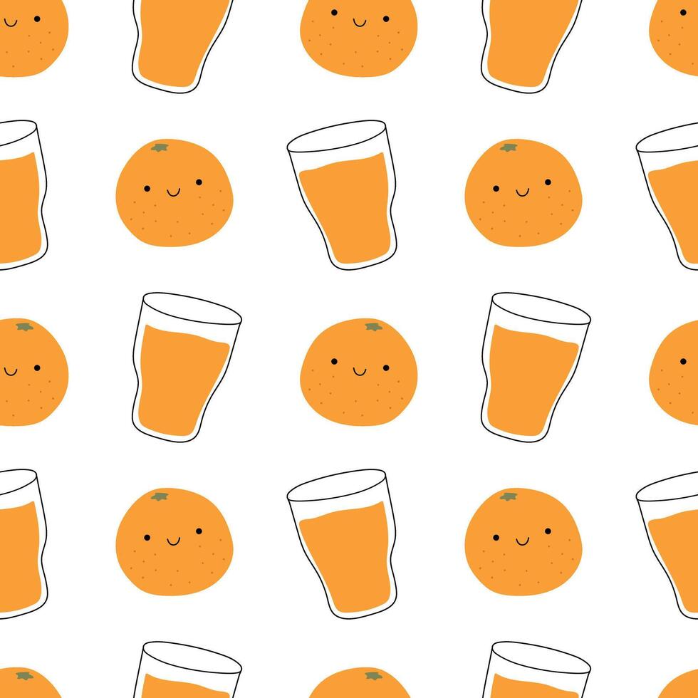 naadloos oranje sap patroon. kawaii oranje en een glas van oranje sap. voor achtergrond, afdrukken, geval, omslag, verpakking vector