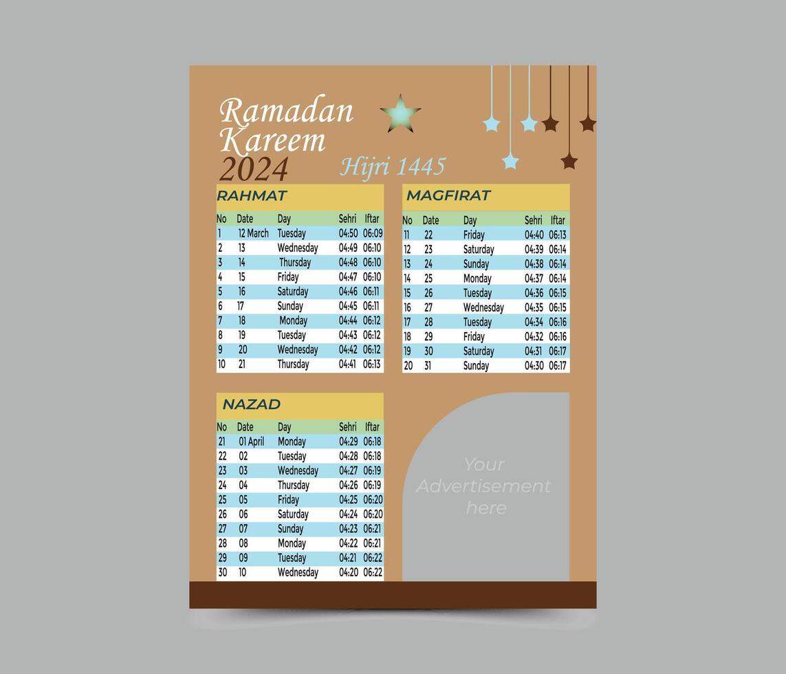 Ramadan rooster kalender sjabloon. Ramadan kalender. Ramadan kareem timing kalender. vector
