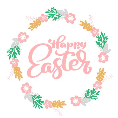 Hand getrokken belettering Happy Easter krans met bloemen vector