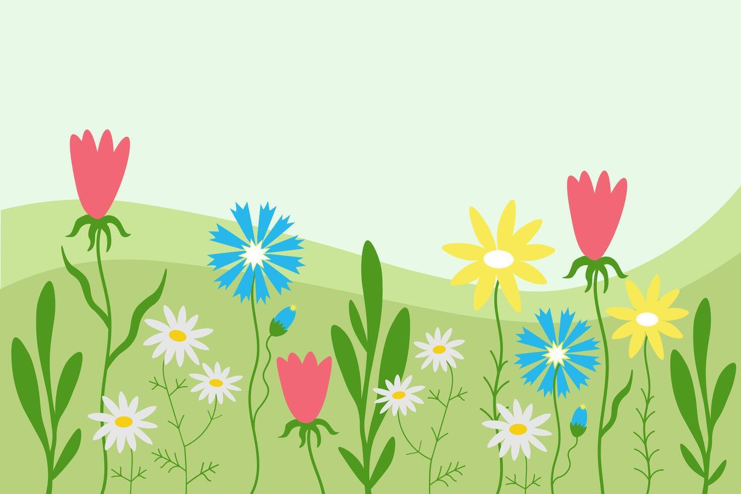 bloemen achtergrond kaart hand- getrokken tekenfilm banier landschap veld- met bloeiend wilde bloemen, madeliefjes, korenbloemen, planten, gras vlak vector illustratie groen motief. sjabloon bloem ontwerp backdrop