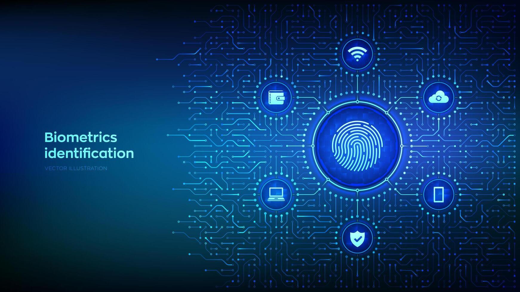 vingerafdruk scannen. biometrie identificatie. persoonlijk gegevens bescherming. cyber veiligheid. privaat beveiligen veiligheid. achtergrond met stroomkring bord verbindingen en tech pictogrammen. vector illustratie.